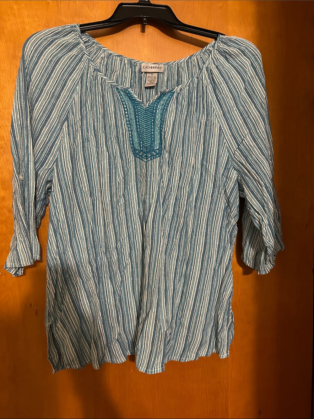 Catherines Blue and White Striped Embroidered Scoop Neck Tunic